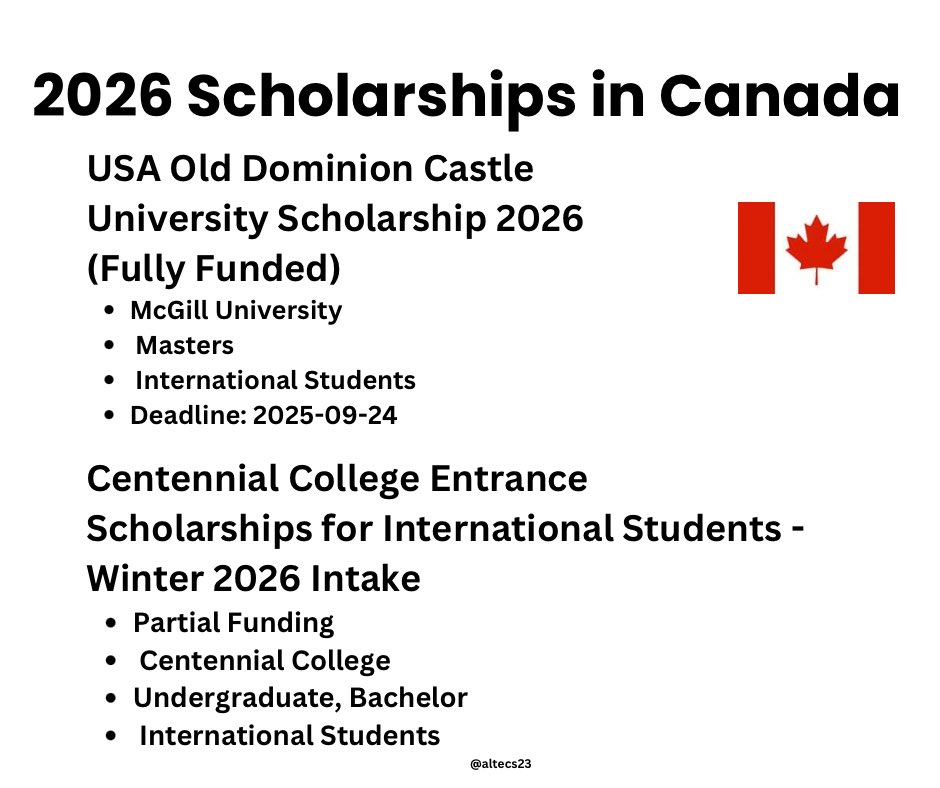 Altecs23's tweet photo. Unlock your future in Canada with 2026 scholarships ππ.
Gain access to world-class education without the heavy financial burden. Start your journey today!
.
.
.
#Scholarships #ScholarAlerts #studyincanda #education #altecs23 https://t.co/Ji2WcaaROM