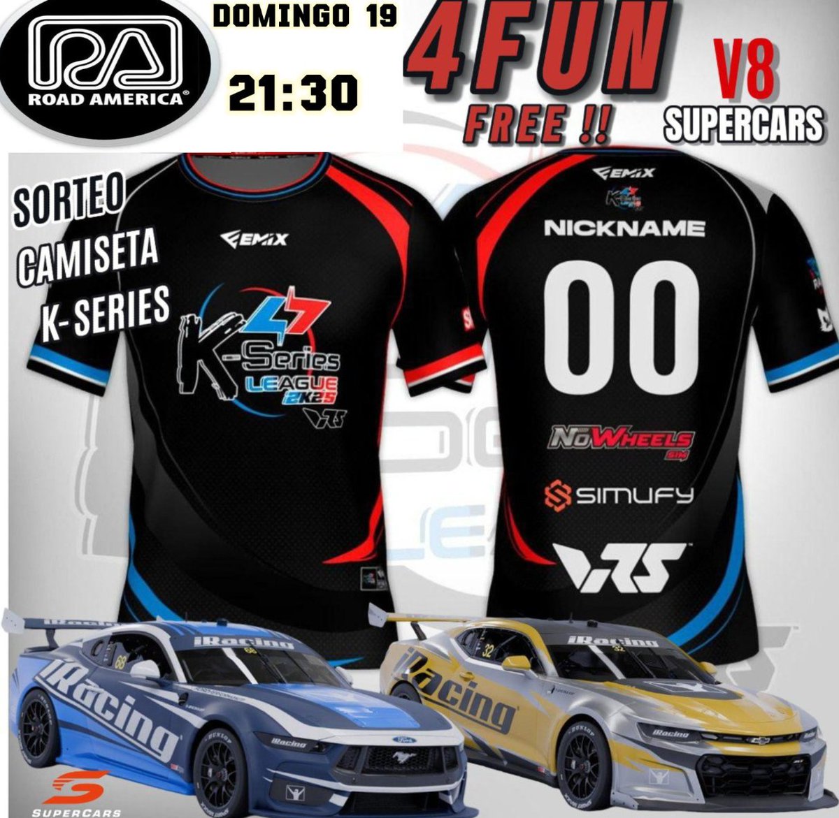 KTD Competición (@ktd_competicion) on Twitter photo Vamos a montar una Host 4Fun el domingo 19 con V8 supercars en Road América  a doble manga
🚨Abierta a todo el mundo y entre los participantes sortearemos una camiseta personalizada K-series  <a href="/Emix_Gaming_/">EmixGaming</a> 
Se quedaron pilotos inscritos con ganas de V8 y algo hay que hacer!
Te Vamos a montar una Host 4Fun el domingo 19 con V8 supercars en Road América  a doble manga
🚨Abierta a todo el mundo y entre los participantes sortearemos una camiseta personalizada K-series  <a href="/Emix_Gaming_/">EmixGaming</a> 
Se quedaron pilotos inscritos con ganas de V8 y algo hay que hacer!
Te