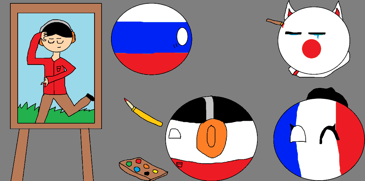TydsKbB8XQdWiuE's tweet photo. I'm painting art at an art academy in France. (Meanwhile, Russia was playing pranks by throwing a brush, then stuck Japan in and Japan cried in pain.) #Countryballs #PolandBalls #Franch #Japan #Russia #OC #OCart https://t.co/cFS2UI8lQ9