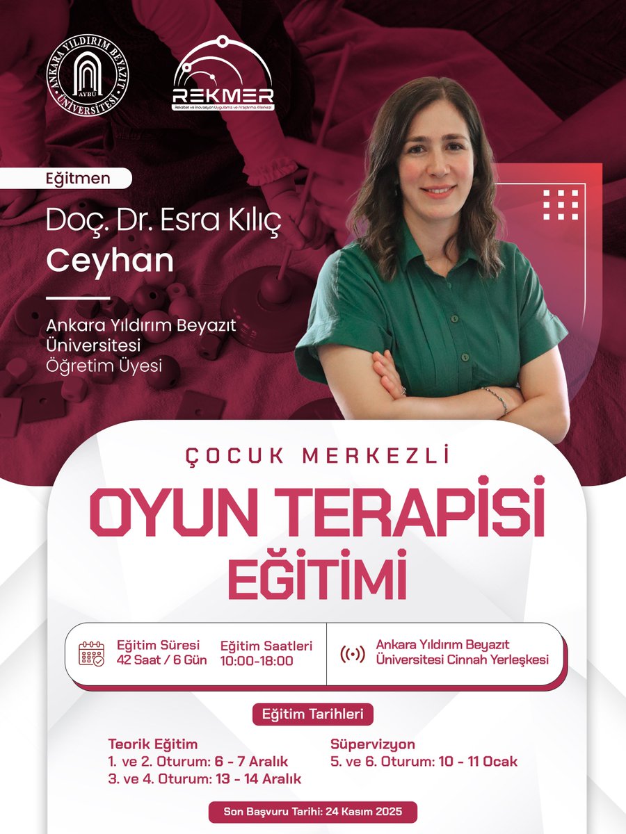 rekmer's tweet photo. REKMER olarak 2025-2026 dönemine Çocuk Merkezli Oyun Terapisi Eğitimlerimizle başlıyoruz!
📎 Başvuru için hemen tıkla: https://t.co/wVJNKyPQLX
@ybuankara 
#oyunterapisi #eğitim #sosyalhizmet #çocuk #aybu https://t.co/6oEE74TQjN
