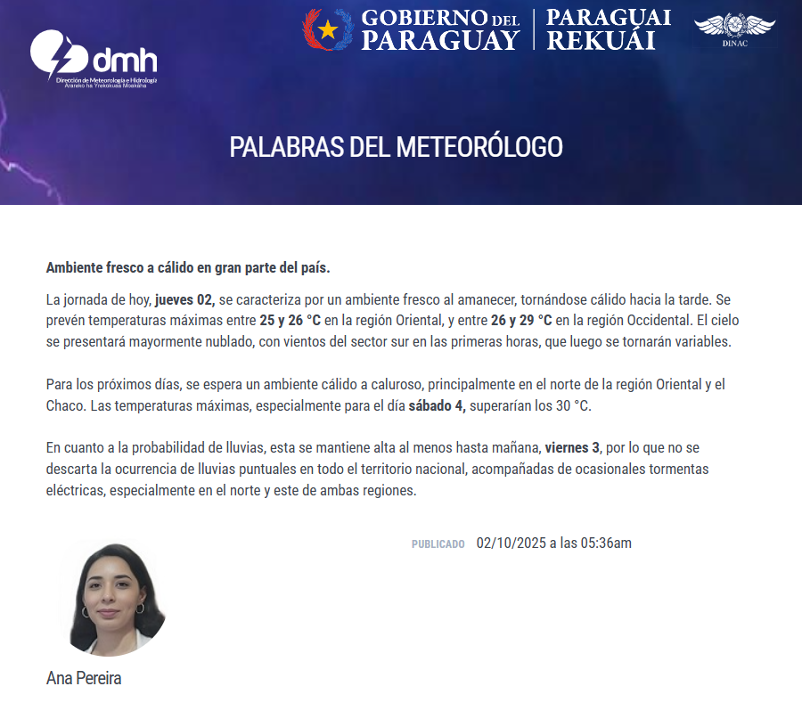 DMH_paraguay's tweet photo. Ambiente fresco a cálido en gran parte del país.
Enlace: https://t.co/odIxSbHIg2
Fecha: 02/10/2025
Hora: 05:36 h. https://t.co/vD88zK9CRX