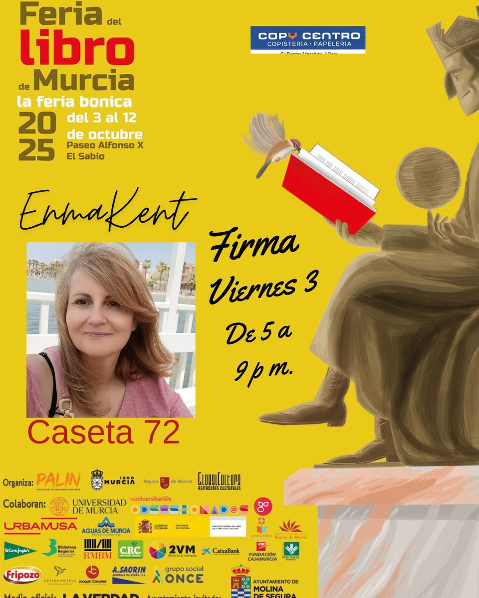 decamaraypluma's tweet photo. Mañana empieza la feria del libro de Murcia !
Me encontraréis el viernes 3, de 5 a 9 en la caseta 72 😊📚📖✍🏼
#FeriaDelLibroMurcia #LaFeriaBonica #FLMurcia2025. #Copycentro #AESCT https://t.co/kiudOCjP0m