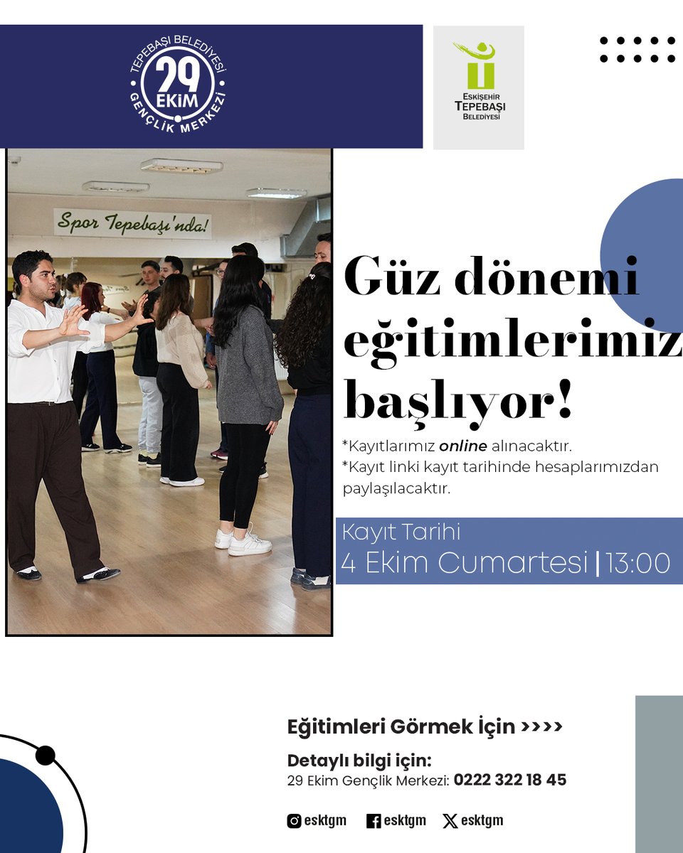 esktgm's tweet photo. GÜZ DÖNEMİ EĞİTİMLERİMİZ BAŞLIYOR! 🎉 

29 Ekim Gençlik Merkezi'nde yepyeni bir dönem için hazırız! Sanat, spor, dil eğitiminden teknolojiye kadar pek çok alanda ÜCRETSİZ eğitimlerimiz sizi bekliyor. 

📅 KAYIT TARİHİ: 4 Ekim 2025 Cumartesi | Saat 13.00 https://t.co/Enk394OSJ6
