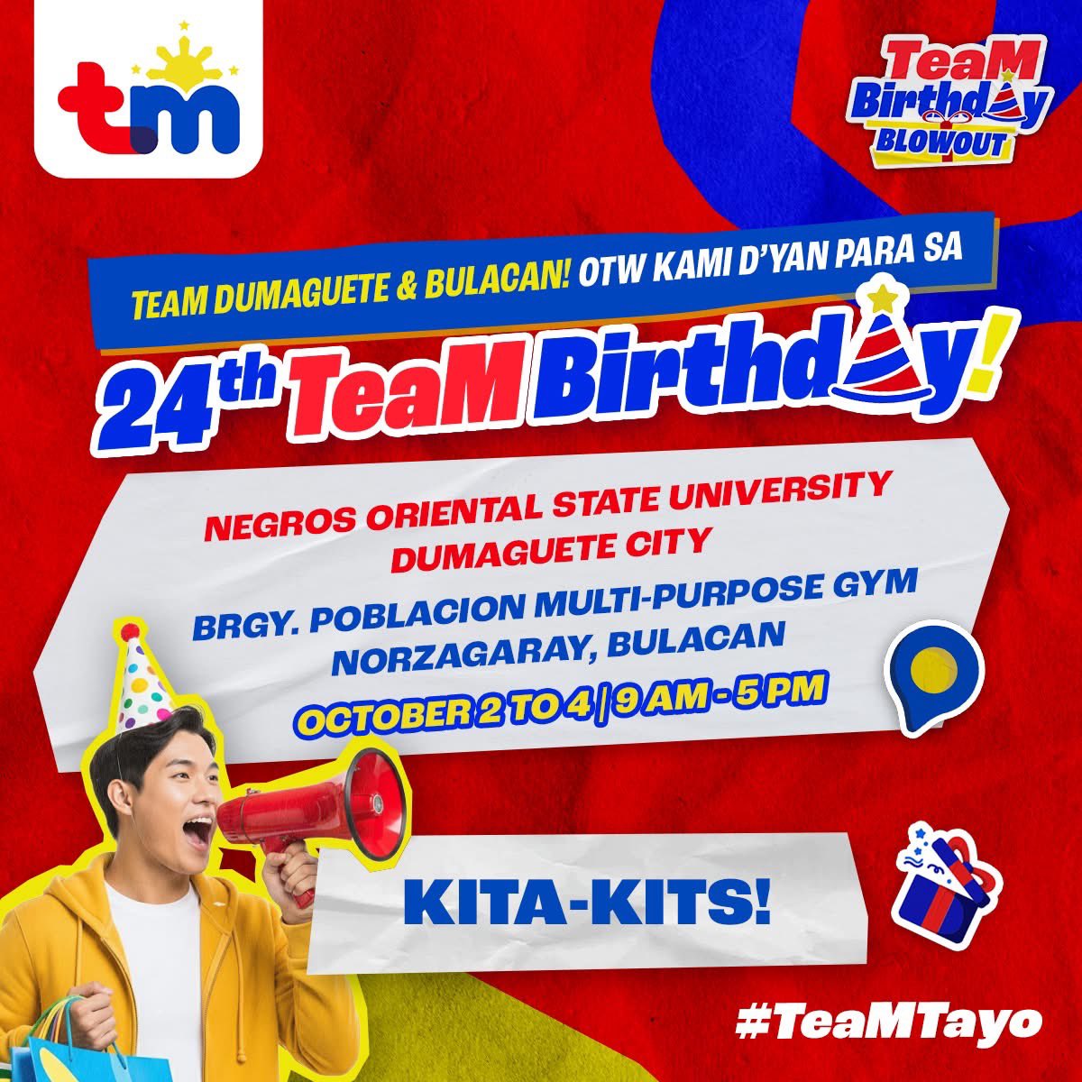 tmtambayan's tweet photo. Pang-malupitang kantahan at sayawan ang ganap para sa 24th #TeaMBirthday! May papremyo sa #TMFunRewards at chibugan pa. 😎 Kaya TeaM Dumaguete and Bulacan, see you ah! 🥳 https://t.co/RihCpGyU6X
