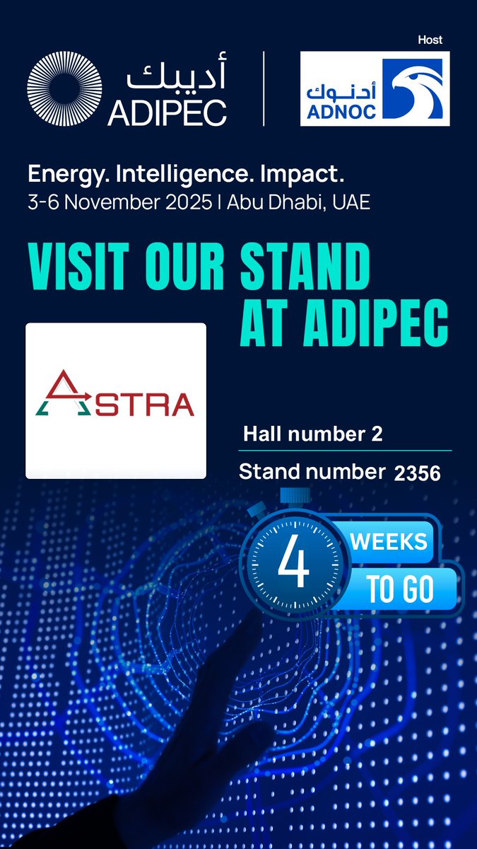 Astraenc's tweet photo. 4 Weeks to Go until ADIPEC 2025! 🚨

From November 3–6, 2025, global leaders, innovators, and industry experts will gather in Abu Dhabi to shape the future of the energy sector. 🚀

📍 Visit us at Hall No. 2, Stand No. 2356
#ADIPEC2025 #ASTRA https://t.co/NAIlCYPZj5