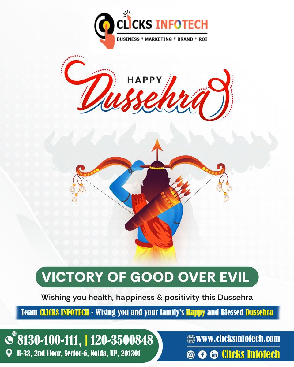 clicksinfotech's tweet photo. Dear All,

🏹🌟 𝐇𝐚𝐩𝐩𝐲 𝐃𝐮𝐬𝐬𝐞𝐡𝐫𝐚 🌟🏹

Heartfelt greetings and best wishes on the auspicious occasion of #Dussehra🌺May the Almighty bless your life with peace, happiness, and prosperity. 

🏹🌟 𝐇𝐚𝐩𝐩𝐲 𝐃𝐮𝐬𝐬𝐞𝐡𝐫𝐚  🌟🏹

🌐 https://t.co/DEowkXh6ia
📱8130100111 https://t.co/Xxbyb8YdLt