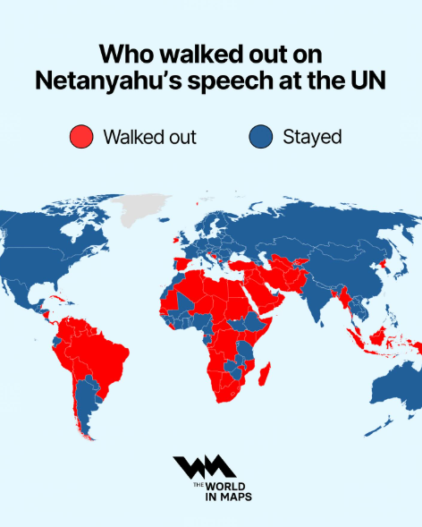 Da boste bolje razumeli, kaj pomeni feministična diplomacija in depolitizirana javna televizija; prilagam zemljevid. V rdečo obarvane države so zapustile predavalnico ZN med netanyahujevim govorom.
: tu smo, drugače ne zmoremo :