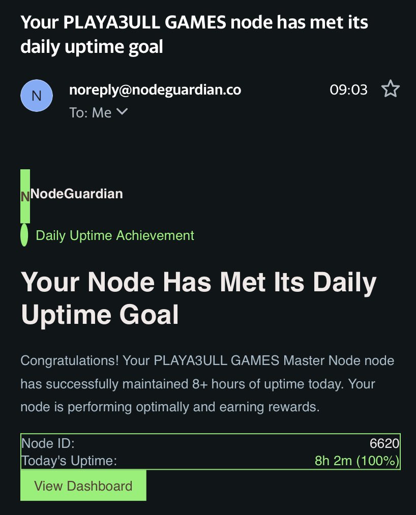CryptoCobby's tweet photo. I love receiving this daily email from @nodeguardianco for my @PLAYA3ULL_GAMES  nodes🤌

Despite price fluctuations, I earn 10,000 3ULL tokens daily across five nodes. 

A 10% buyback and burn mechanism on marketplace purchases boosts deflationary tokenomics. 👀

These nodes will yield hundreds of thousands of dollars when the token hits 10–20 cents this cycle.