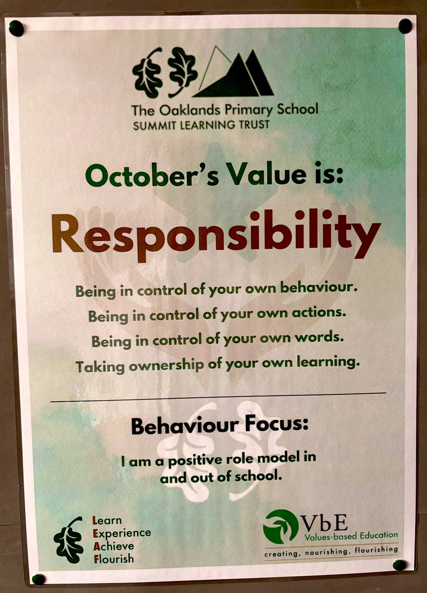 TheOaklandsBham's tweet image. Welcome to October!
New month = new value. 
This month we are focusing on the value of Responsibility. 
#OaklandsLEAF #Valuesbasededucation