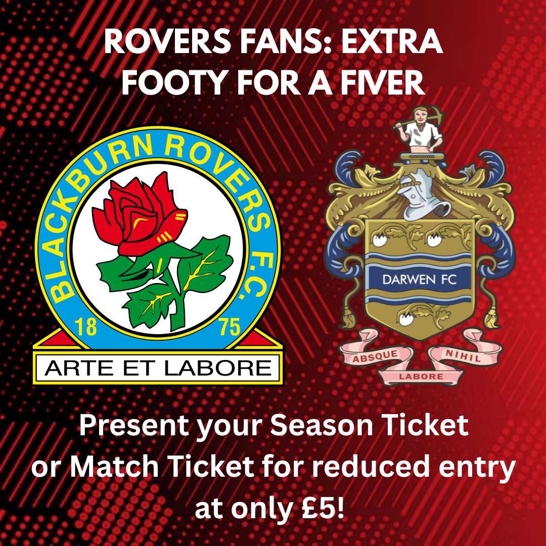 🎟️ #Rovers Fans: Catch our game against Maghull on Saturday for just £5 when you produce your season ticket or Stoke Match Ticket!

🕒 3pm Kick Off
🍔🍺 Bar and Cafe Open

Come and support the Salmoners after your trip to Ewood this weekend!

#DarwenAreMassive 🇦🇹