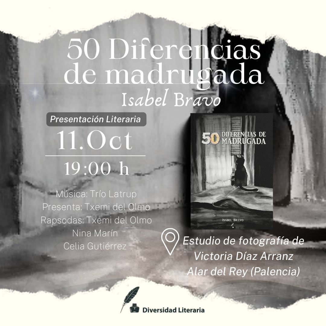 ✍️ Isabel Bravo presentará 📕 50 diferencias de madrugada , el próximo día 11 en Alar del Rey. Estudio de fotografía de Victoria Díaz Arranz, a partir de las 19:00 horas 👏