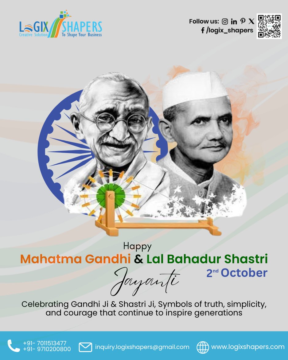 logix_shapers's tweet image. Honoring the legacy of truth, simplicity &amp;amp; courage
On this special day, we remember Mahatma Gandhi Ji &amp;amp; Lal Bahadur Shastri Ji, whose values continue to guide and inspire us.

Visit: logixshapers.com

#LogixShapers  #GandhiJayanti #LalBahadurShastri #NationPaysTribute