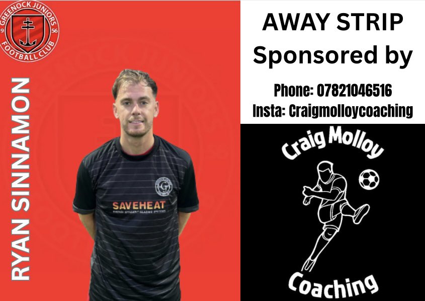 🚨 Sponsorship Announcement 🚨

We’re delighted to announce that Craig Molloy Coaching is proudly sponsoring Ryan Sinnamon for this season🔴⚫️

Craig is well known in the Inverclyde football community, providing first class coaching to local kids. Thanks for the support⚽️🙌