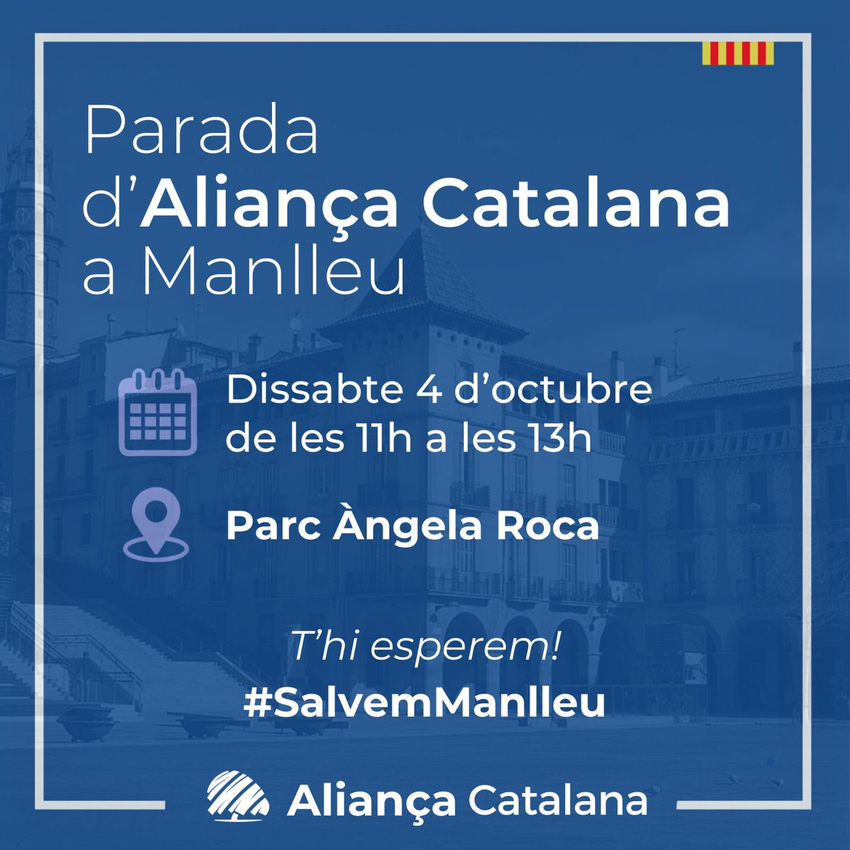 Aquest dissabte 4 d'octubre serem al Parc Àngela Roca de #Manlleu, de les 11:00 a les 13:00. 

Us hi esperem!

#SalvemManlleu