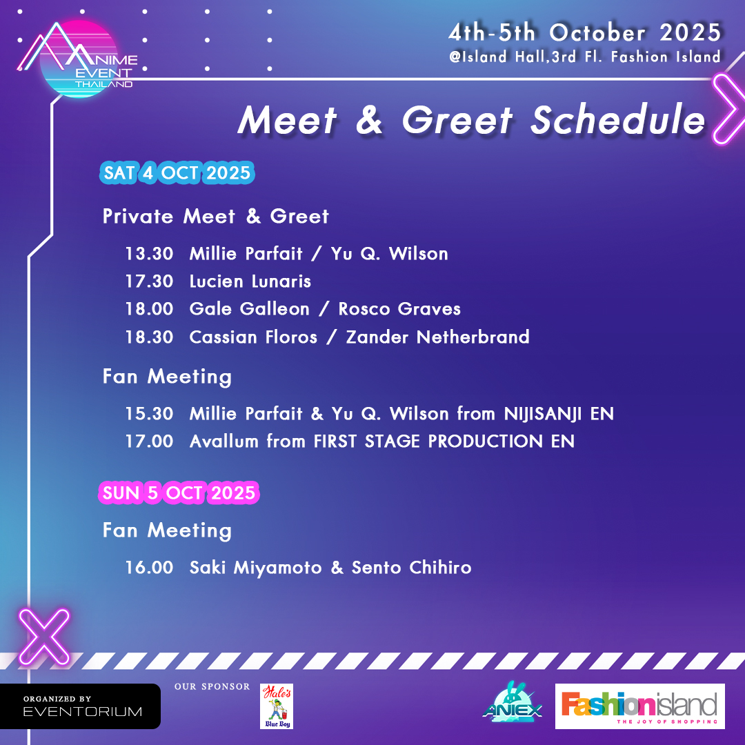 AniEx_event's tweet photo. 📩 Announcement for Fan Meeting and Private Meet & Greet ticket holders of #AET5
Don’t forget to check your registered email for the schedule and participation details ✨
🎟 Grab your tickets: https://t.co/qPykiRmC1l
#AniEx #AETevent #NIJISANJI_EN #FirstStageProduction_EN #PR https://t.co/aKBFFPkEDC