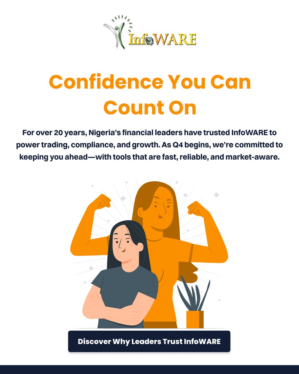 InfoWARELimited's tweet image. 📈 Confidence You Can Count On.

 As Q4 kicks off, we remain committed to keeping you ahead with fast, reliable, and market-aware tools.

👉 Discover why leaders trust InfoWARE: infowarelimited.com

.
#InfoWARE #MarketData #TradingSolutions #Fintech #NigeriaMarkets