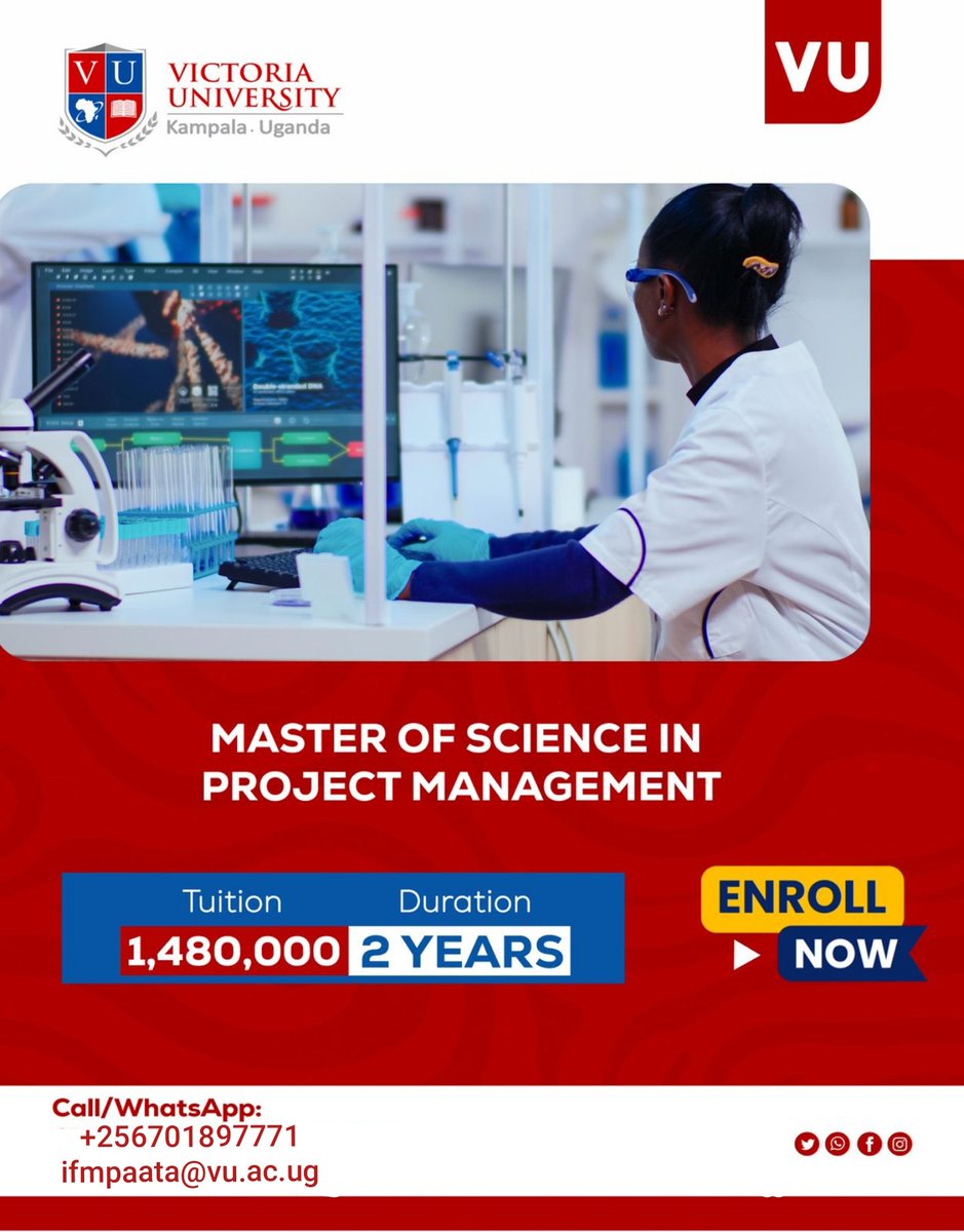 November Intake <a href="/VUKampala/">Victoria University, Kampala</a> is almost closing!
📚 Master of Science in Project Management
🎯 Become a Project Manager, M&amp;E Specialist, or Consultant.
🏢 NGOs, Govt, Banks &amp; Corporates are hiring!

Apply now 👉 ifmpaata@vu.ac.ug | WhatsApp 0701897771

#ProjectManagement #VU