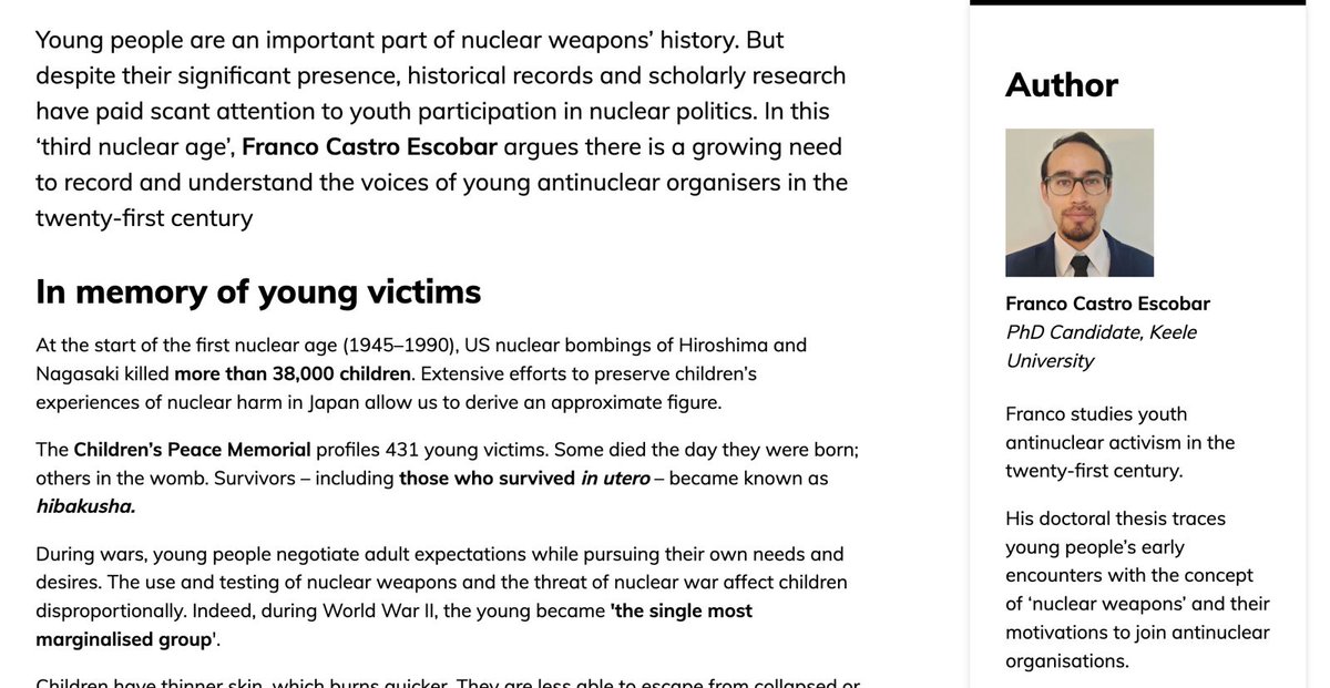 Fcastroescobar's tweet photo. What role have young people played in the nuclear age? I wrote this article for #TheLoop Series on #NuclearPolitics at the ECPR: https://t.co/s4K5ZUIYPx

The study of youth in the nuclear ages is ‘unfolding, uncharted, and increasingly consequential’. Thanks for reading! 📚 https://t.co/qF83EddWUh