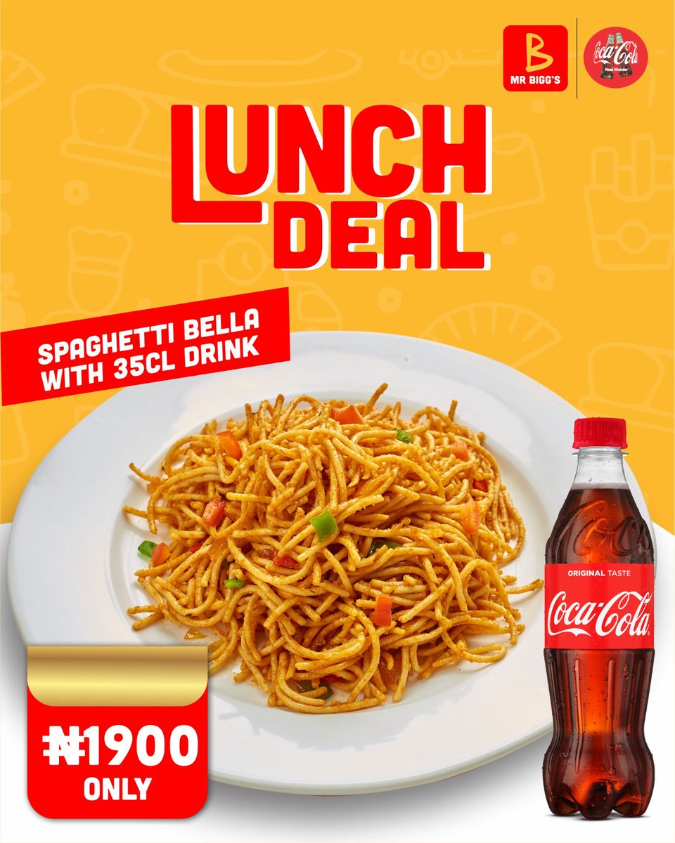 Your lunch just got a Bigg boost! 🍝✨
Enjoy our delicious Spaghetti Bella + 35cl drink or 50cl Swan Water for only ₦1,900.

How to order ⬇️
👉 Order on WhatsApp – 08054601625
👉 Visit any of our stores near you
👉 Call 📞 0700 071 1711