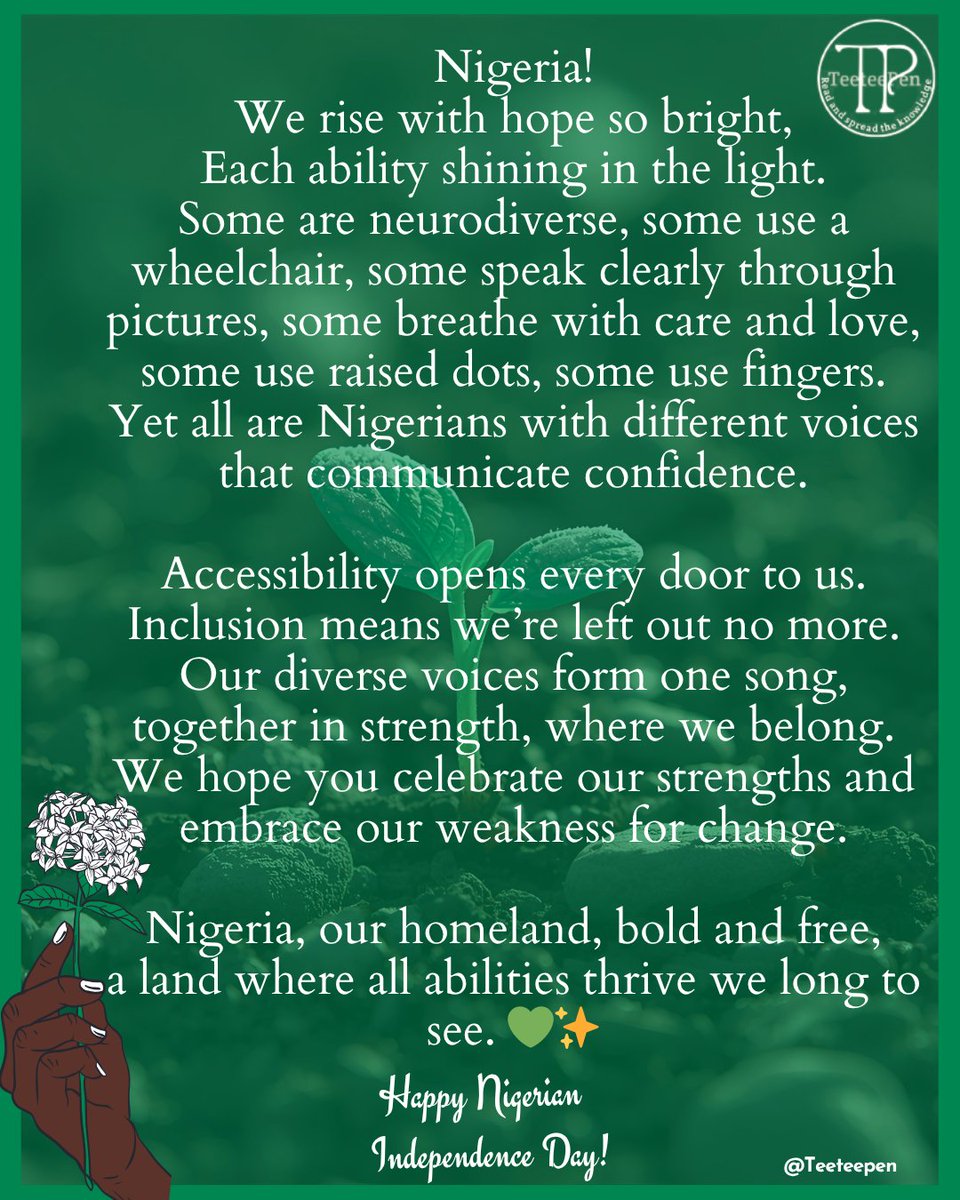 TeeteePen69's tweet image. 🇳🇬 Nigeria is stronger when every voice is heard.
From dots to fingers, wheels to words.
We all belong, we all shine.
Inclusion is our true independence. 💚✨

#Nigeria #InclusionForAll