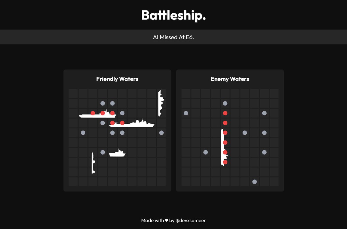 devxsameer's tweet image. Days 79–82 of #100DaysOfCode
Built the classic Battleship game with JS, Webpack & Jest (TDD).
✨ Human vs AI, ship placement previews & animated battle messages.
Play 👉 devxsameer.github.io/battleship/
Code 👉 github.com/devxsameer/bat…
#JavaScript #WebDev