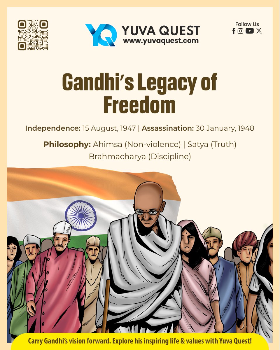 YuvaQuest's tweet photo. On this Gandhi Jayanti, let’s remember Mahatma Gandhi timeless values of simplicity, peace &amp; unity. 🙏 Happy Gandhi Jayanti.
Join us at https://t.co/H27IJLed8D to enjoy an exclusive free trial.
#yuvaquest #happygandhijayanti #GandhiJayanti #indian #nonviolence #MahatmaGandhi https://t.co/XPv9Wb1p0W