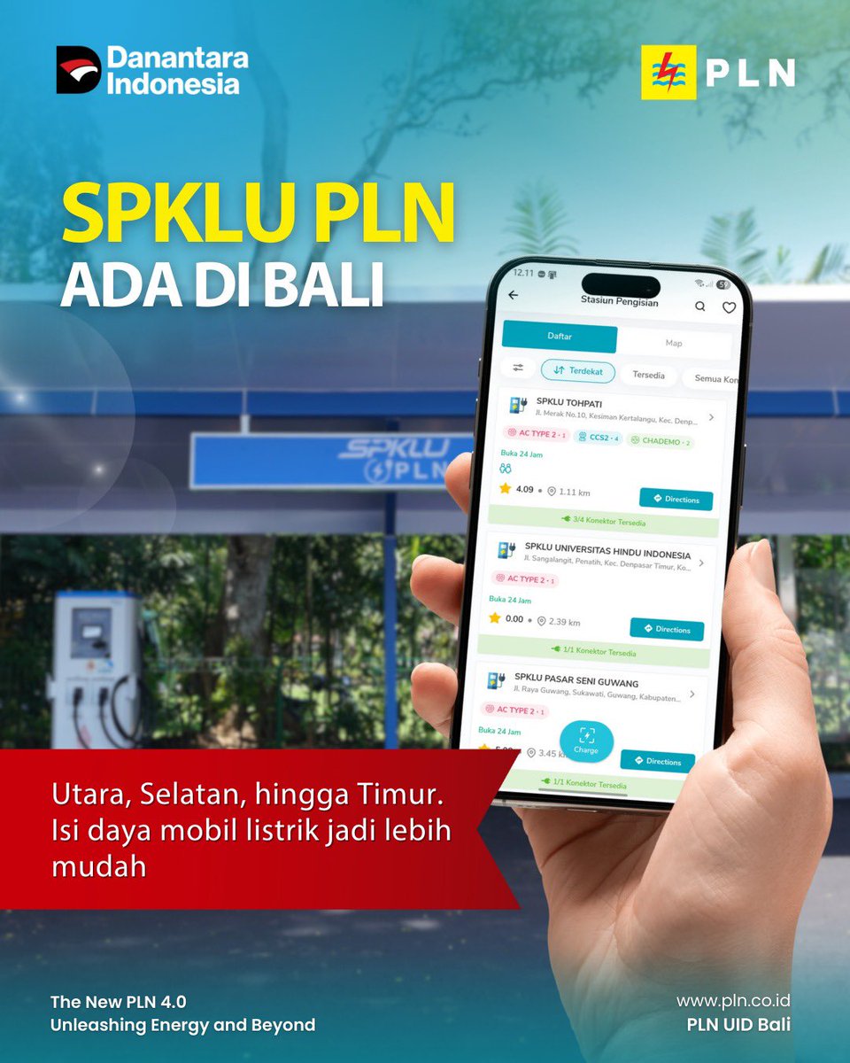 plnuidbali's tweet image. Hai, Semeton Electrizen!

SPKLU PLN Kini Hadir di Bali!

Dari Utara, Selatan, hingga Timur, isi daya mobil listrik makin mudah dan praktis.
Ayo nikmati kemudahan berkendara ramah lingkungan bersama PLN! 

#PLN #SPKLU #MobilListrik #EnergiBersih #BaliRamahLingkungan #PLNUIDBali