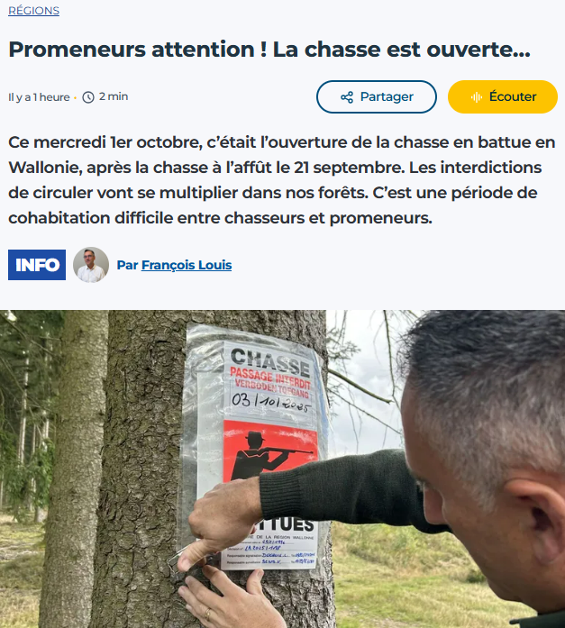 En Belgique aussi, la cohabitation chasseurs / promeneurs est difficile.
Avec le réchauffement climatique, les feuilles tombent plus tard, rendant la #chasse plus dangereuse par manque de visibilité.
Des associations demandent le report de l'ouverture à début nov.
#insecurite