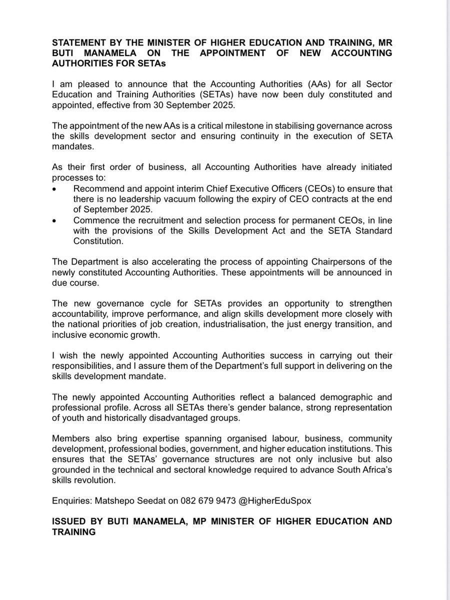 HigherEduGovZA's tweet photo. STATEMENT BY THE MINISTER OF HIGHER EDUCATION AND TRAINING, MR BUTI MANAMELA ON THE APPOINTMENT OF NEW ACCOUNTING AUTHORITIES FOR SETAs*

TO ALL MEDIA

2 OCTOBER 2025
@ButiManamela https://t.co/vrdRuKsvBX