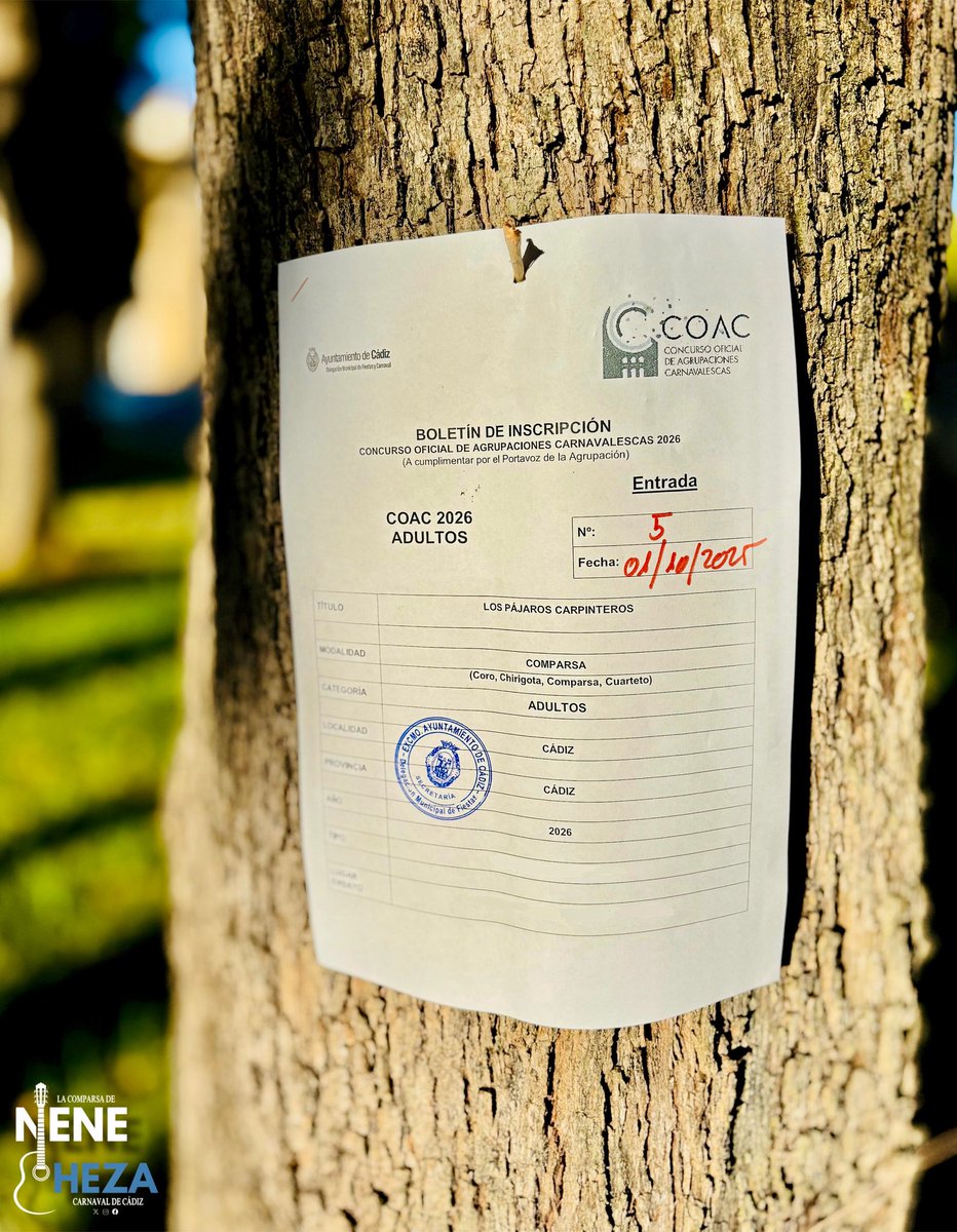 Ya estamos inscritos‼️
Con el número 5…

𝕃𝕆𝕊 ℙÁ𝕁𝔸ℝ𝕆𝕊 ℂ𝔸ℝℙ𝕀ℕ𝕋𝔼ℝ𝕆𝕊 🪶
#coac2026 #lospajaroscarpinteros #lacomparsadenenecheza #canijodecarmona #nenecheza #carnavaldecadiz