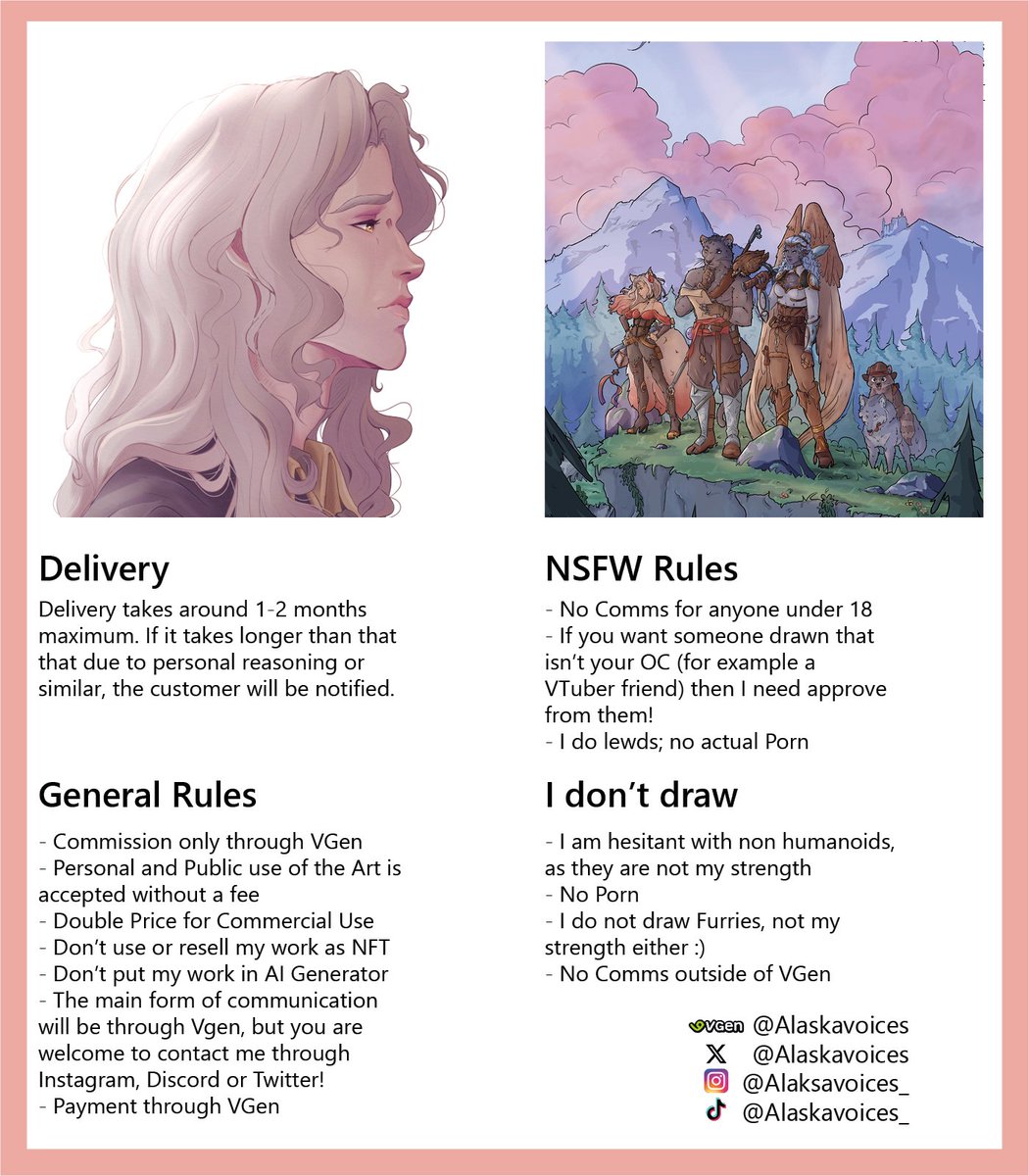 I finally did it, I made commission sheets! Here's a quick overview about getting a commission from me and the services I am currently running <3 

VGen: vgen.co/alaskavoices