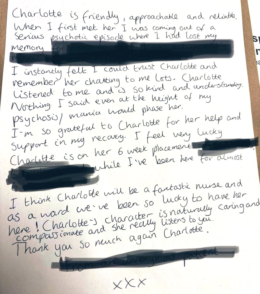 proudcharlotte1's tweet photo. I received the most beautifully handwritten letter/feedback from a patient on placement yesterday π₯Ήππ«Άπ» Iβm excited to continue my journey into nursing and reach my goal of qualifying as a registered mental health nurse ππ» #nursing #NHS #nursingapprentice https://t.co/f7vcWgFOOv