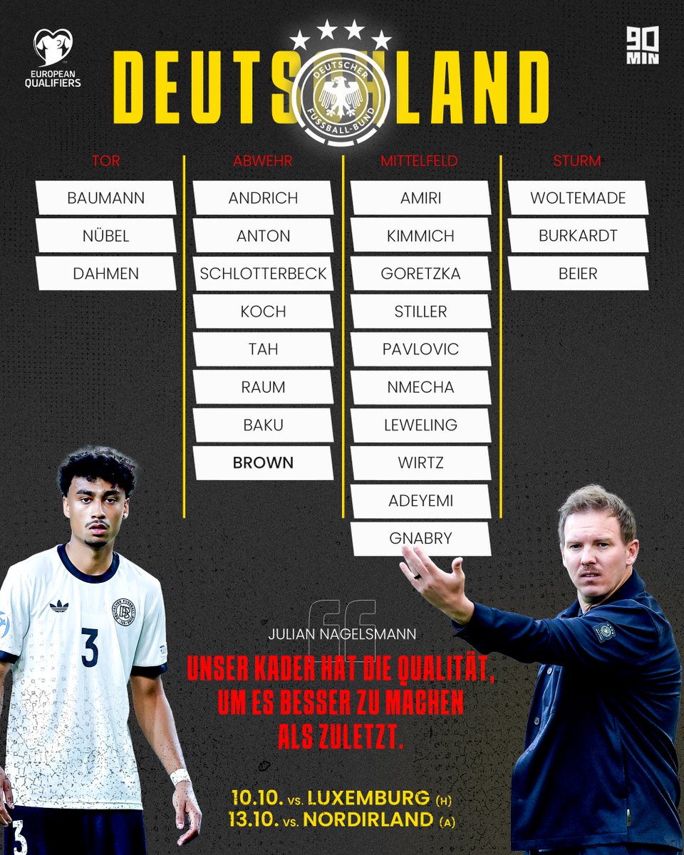 🚨🇩🇪 Der deutsche Kader für die WM-Quali:

🔙 Schlotterbeck zurück, mit ihm auch Pavlovic, Nmecha &amp; Burkardt. Dazu holt der Bundestrainer auch Ridle Baku dazu.

🆕 Nathaniel Brown ist neu dabei. 

📆 10.10. vs. Luxemburg (H, Sinsheim)
📆 13.10. vs. Nordirland (A, Belfast)