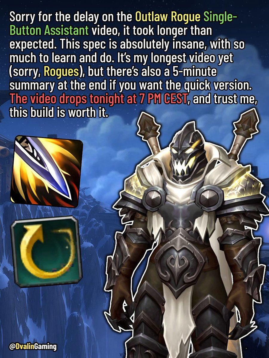 Dvalin_Gaming's tweet image. Sorry for the delay on the Outlaw Rogue Single-Button Assistant video, it took longer than expected. This spec is absolutely insane, with so much to learn and do. It’s my longest video yet (sorry, Rogues) #worldofwarcraft #warcraft #thewarwithin #warwithin #mmo #mmorpg