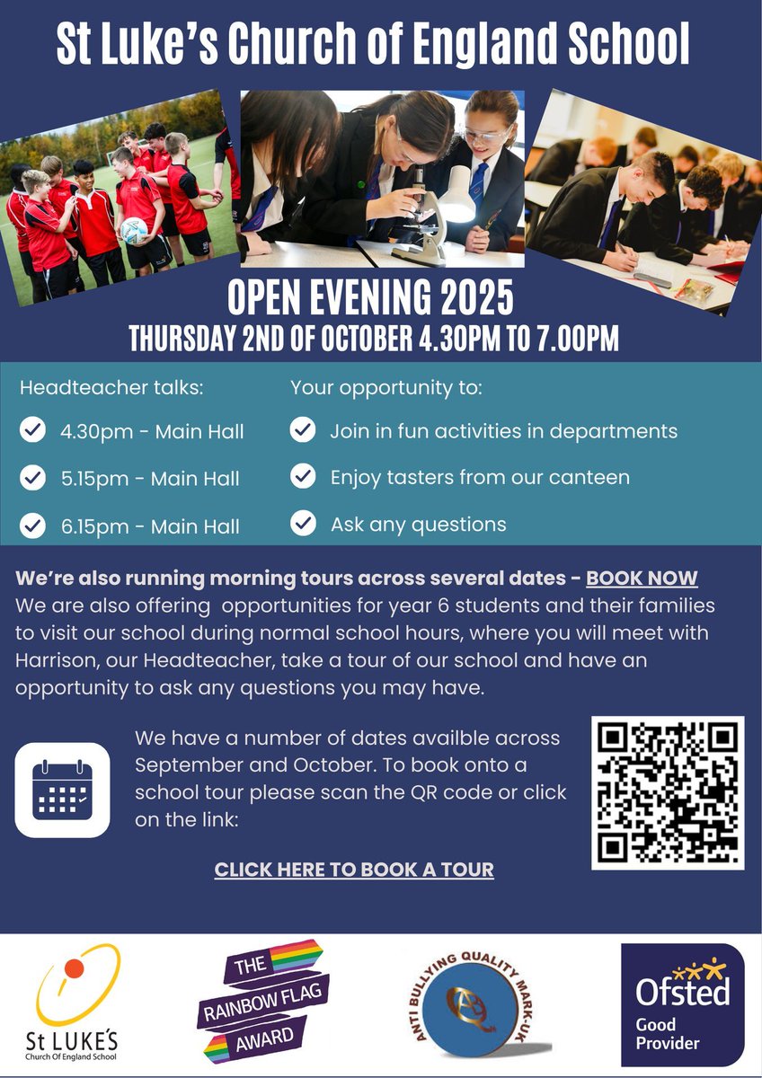 St. Luke's C of E School (@stlukescofe) on Twitter photo We are really excited to welcome you to our Open Evening today!
🗓 Thursday 2nd October | ⏰ 4.30pm – 7.00pm
🚗 Important 
The car park will be closed this is reserved for accessible use only.Please don't park on Harts Lane.Please use the main bridge to access the school site. We are really excited to welcome you to our Open Evening today!
🗓 Thursday 2nd October | ⏰ 4.30pm – 7.00pm
🚗 Important 
The car park will be closed this is reserved for accessible use only.Please don't park on Harts Lane.Please use the main bridge to access the school site.