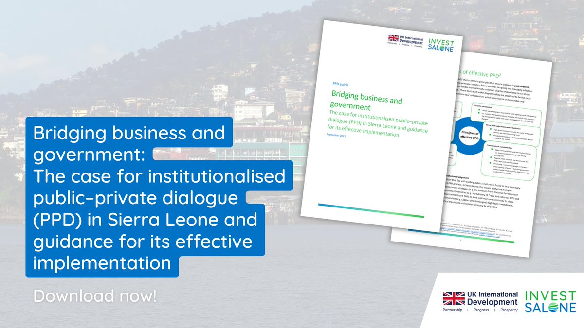 📘 Invest Salone’s new PPD Guide – Bridging business &amp; government – sets a roadmap for Sierra Leone to institutionalise public–private dialogue, strengthen trust &amp; co-create reforms for inclusive growth. Download here: investsalone.com/resource-bank/…

#PublicPrivateDialogue