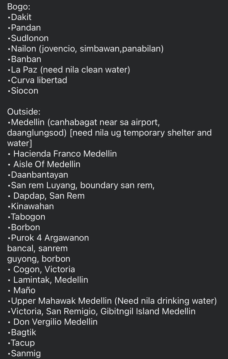 aiaharea's tweet photo. please extend your donation drives to these cities as most of them havent received any donations yet. they are in need of food, water and tents or trapal. 

#BangonCebu #BangonSugbo https://t.co/ut0s7Otard