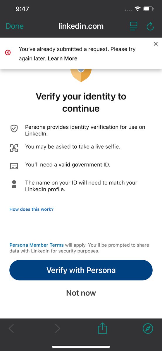 Sollyexcellence's tweet photo. Hello@ LinkedInHelp
After scanning the code during the verification stage, I received an error message saying, "Sorry, something went wrong with your request. Please try again." I tried again, but this time it showed "Learn more" option instead.
Please see the attached https://t.co/JiACRP55sw