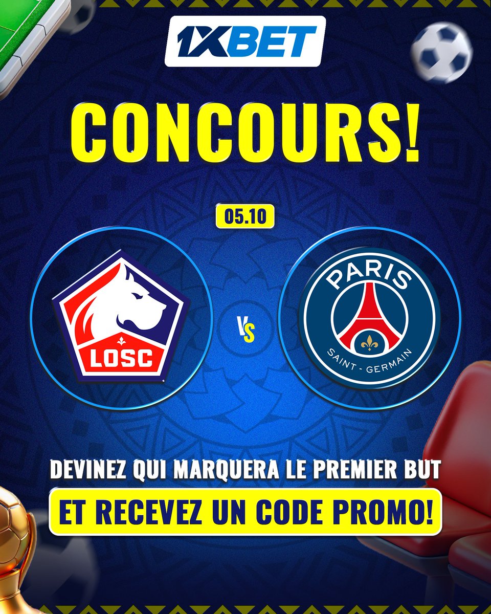1xbet_ci's tweet photo. ⚽ DÉFI PREMIER BUT ! 🔥 Lille vs PSG — qui ouvrira le score ? Donnez votre pronostic + ID avant le 5 oct et gagnez 💸 3 codes promo de 5 500 XOF 🎁 Résultats le 7 oct ! #1xBet #PremierBut #Lille #PSG #Ligue1 https://t.co/SE9dpT4NXK