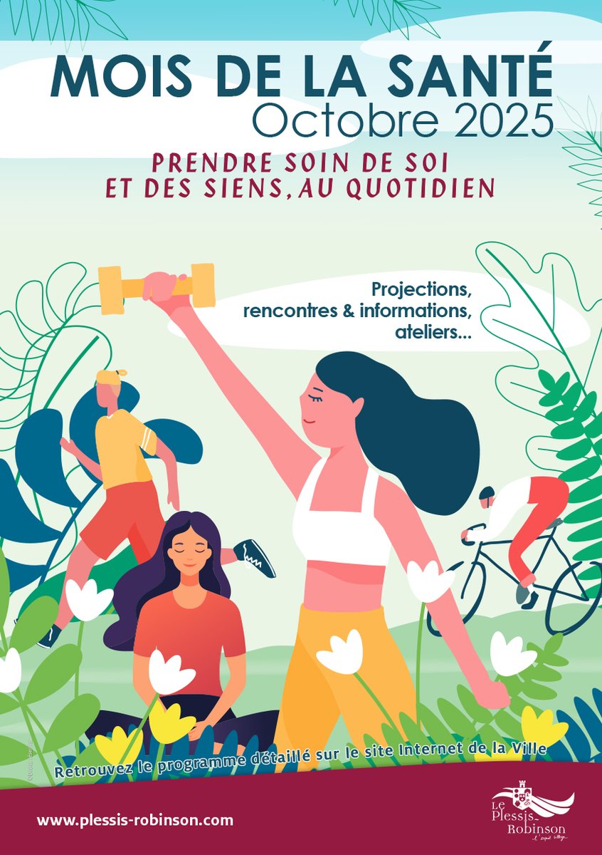 Le Plessis-Robinson (@plessisrobinson) on Twitter photo 📣 Octobre, c'est le Mois de la Santé au Plessis-Robinson.
☝️ Ateliers bien-être, projections, débats, rencontres…
Un mois pour s’informer, échanger et prendre soin de soi.
📍 Programme complet : bit.ly/MoisDeLaSante2…
#MoisdelaSante #SantéMentale #BienÊtre #PlessisRobinson 📣 Octobre, c'est le Mois de la Santé au Plessis-Robinson.
☝️ Ateliers bien-être, projections, débats, rencontres…
Un mois pour s’informer, échanger et prendre soin de soi.
📍 Programme complet : bit.ly/MoisDeLaSante2…
#MoisdelaSante #SantéMentale #BienÊtre #PlessisRobinson