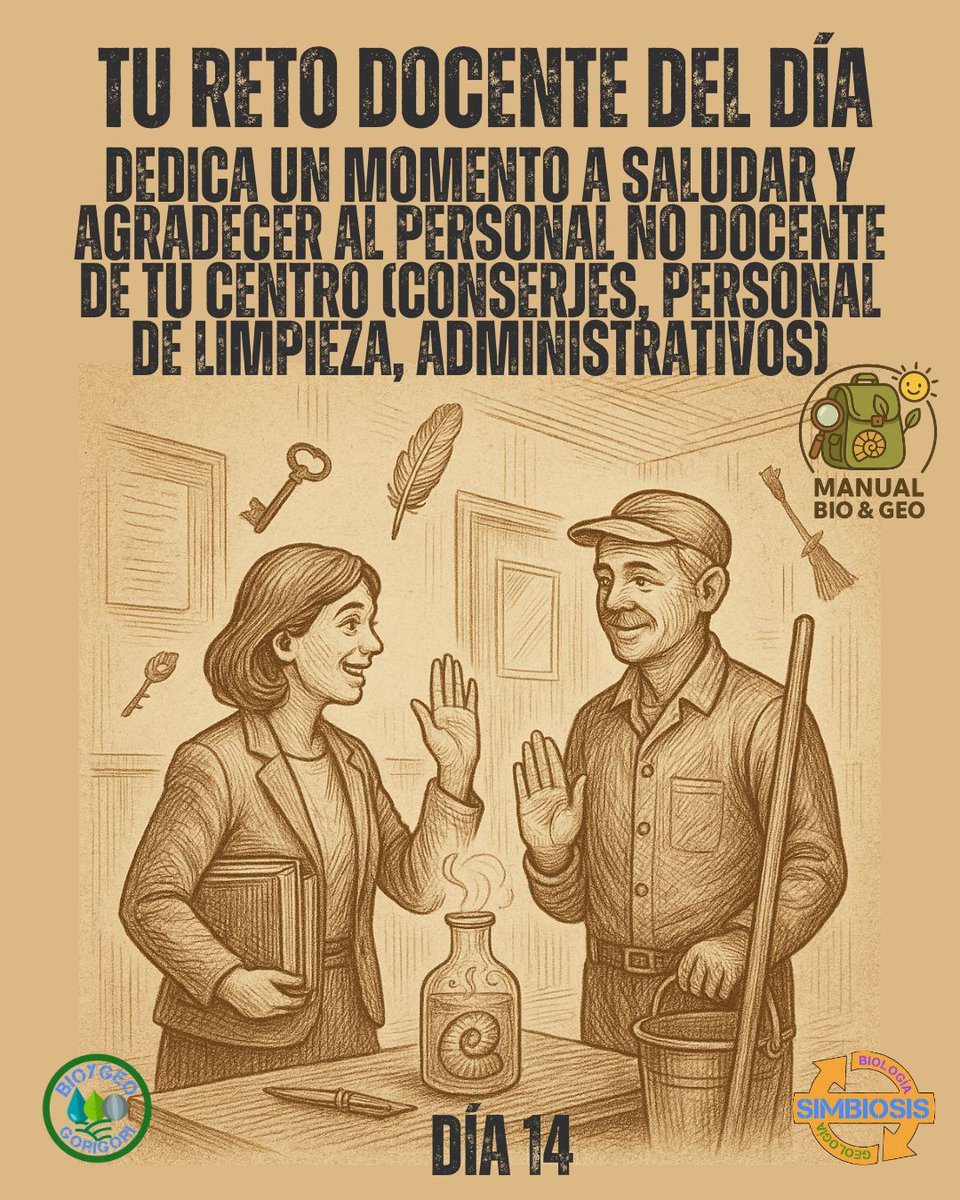 #Retodocente 14 – Saluda al personal no docente
El centro funciona gracias a quienes no están en el aula: conserjes, limpieza, administración 🙌. Agradecer también educa.
proyectosimbiosis.colectivocrecet.com/blog/el-manual…

#Gratitud #Claustro #ManualBioyGeo