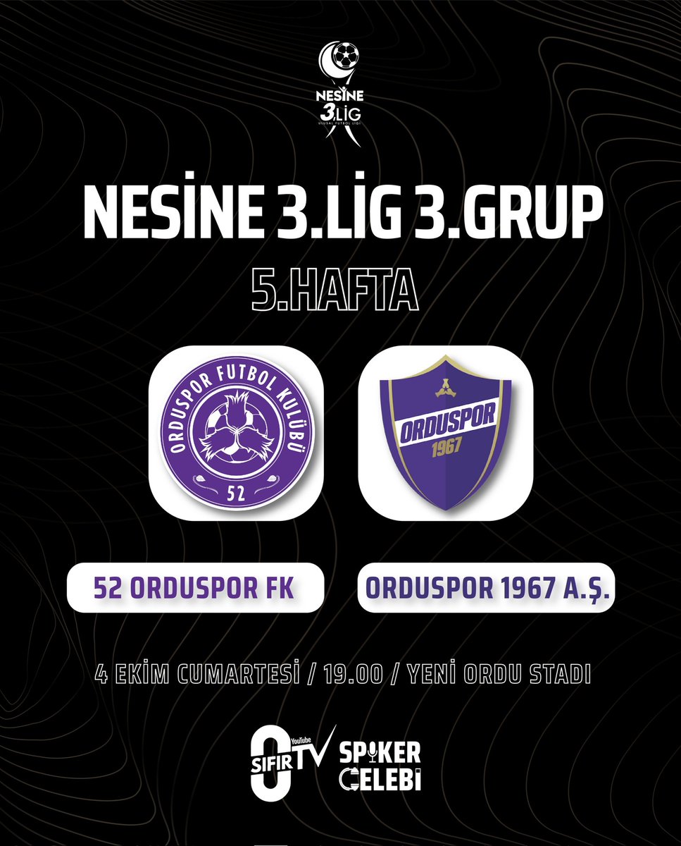 Nesine 3.Lig 3.Grup'un 5.Haftası'nda 4 Ekim Cumartesi günü saat 19.00'da 52 Orduspor FK ile Orduspor 1967 A.Ş. Yeni Ordu Stadyumu'nda karşı karşıya gelecek.

Bu önemli karşılaşmanın anlatımında <a href="/Sifirtvresmi/">Sıfır TV</a> YouTube ekranlarında mikrofonda olacağım.Tüm futbolseverleri bekliyoruz.