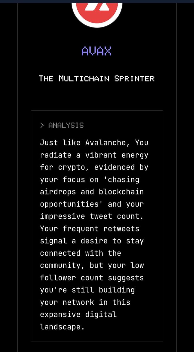 According to my twitter data, I give $AVAX vibes.
Bullish?
Try Coinology on app.vana.com. #datarevolution <a href="/vana/">vana</a>