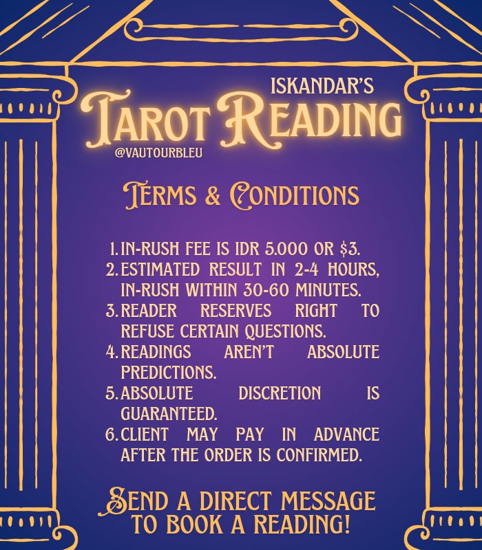 VAUT0URBLEU's tweet photo. tarot reading with ish @VAUT0URBLEU 🕊
𖤓 — sedia jasa baca tarot untuk kamu yang gelisah dan penuh kisah.
𖤓 — biar semesta tuntun kamu di antara lembar kartu.
𖤓 — mohon hubungi hanya melalui DM @VAUT0URBLEU atau https://t.co/vL6vm2NgoD.

#zonauang #zonaba #jasatarot #zonajajan https://t.co/LLOYdyUXfS