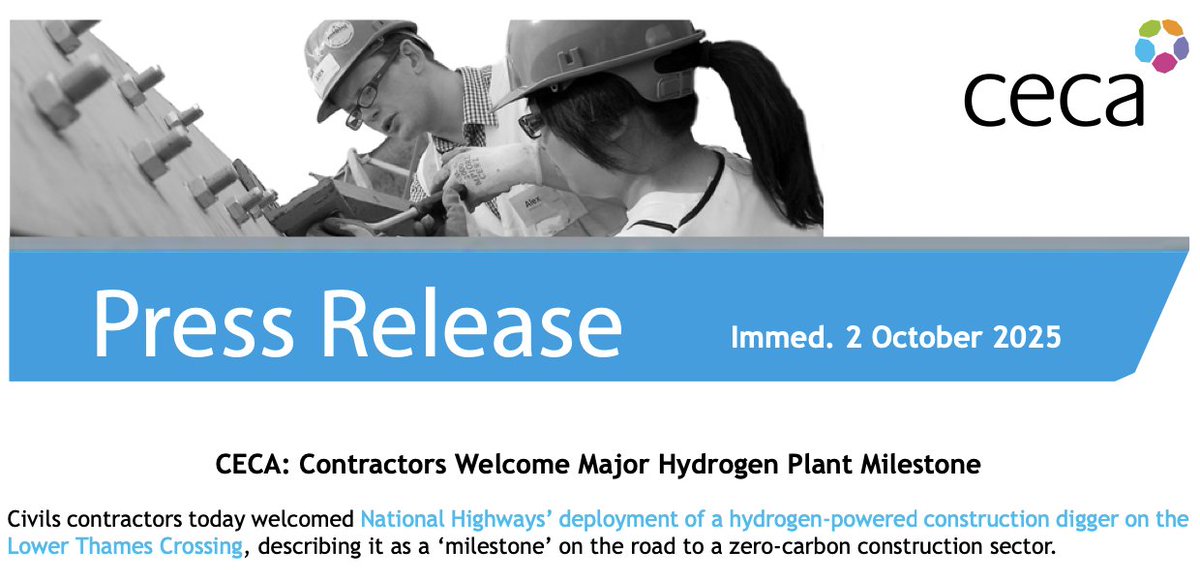 Read our press release - Contractors Welcome Major Hydrogen Plant Milestone

 ceca.co.uk/ceca-contracto… 

#construction #infrastructure #LowerThamesCrossing #LTC #roads #NationalHighways #netzero #hydrogen #plant #environment #UKeconomy