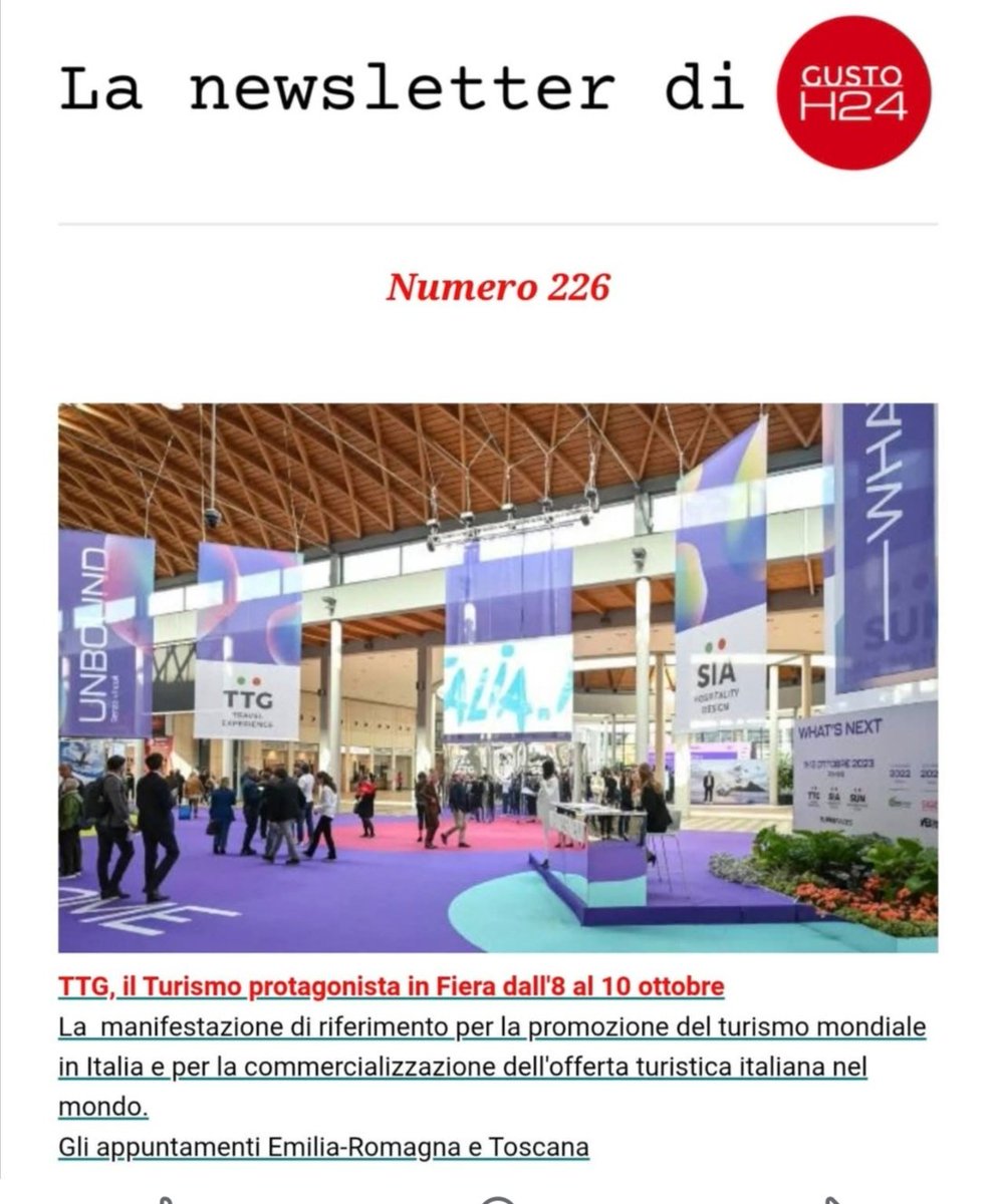 La copertina oggi di #GUSTOH24
<a href="/ttgitalia/">TTG Italia</a> la fiera di Rimini si inaugura l' 8 ottobre
<a href="/sassi_mario/">Sassi Mario 🇪🇺</a> <a href="/marcoforc/">Marco Forcellini</a> <a href="/BettaVitali/">Solo bagaglio a mano</a> <a href="/comunerimini/">Comune di Rimini</a> <a href="/IEGexpo/">ITALIAN EXHIBITION GROUP</a>