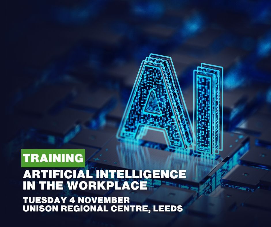 We've extended the deadline to apply for our 𝐀𝐫𝐭𝐢𝐟𝐢𝐜𝐢𝐚𝐥 𝐈𝐧𝐭𝐞𝐥𝐥𝐢𝐠𝐞𝐧𝐜𝐞 𝐢𝐧 𝐭𝐡𝐞 𝐖𝐨𝐫𝐤𝐩𝐥𝐚𝐜𝐞 course until 𝘯𝘦𝘹𝘵 𝘞𝘦𝘥𝘯𝘦𝘴𝘥𝘢𝘺 (8 October).

👉 yorks.unison.org.uk/events/artific…

𝐓𝐮𝐞𝐬 𝟒 𝐍𝐨𝐯, 𝐔𝐍𝐈𝐒𝐎𝐍 𝐫𝐞𝐠𝐢𝐨𝐧𝐚𝐥 𝐜𝐞𝐧𝐭𝐫𝐞, 𝐋𝐞𝐞𝐝𝐬