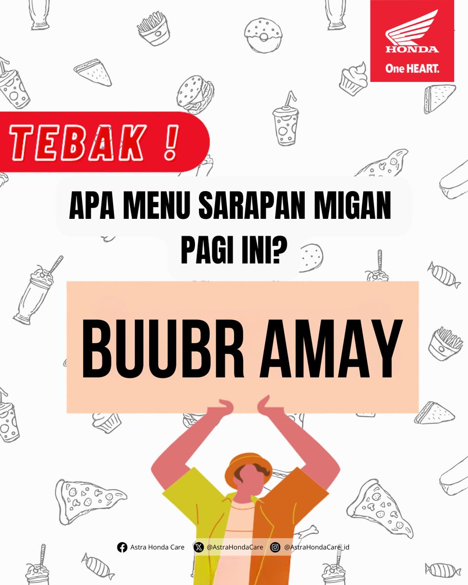 Mulai hari Jumat jangan sampe lupa buat sarapan dong, biar kuad menghadapi kenyataan hidup..~
BroSis bisa tebak ngga, MiGan hari ini sarapan apa hayo? Komen di bawah ya :)

#AstraHondaCare #Cari_Aman #SalamSatuHATI