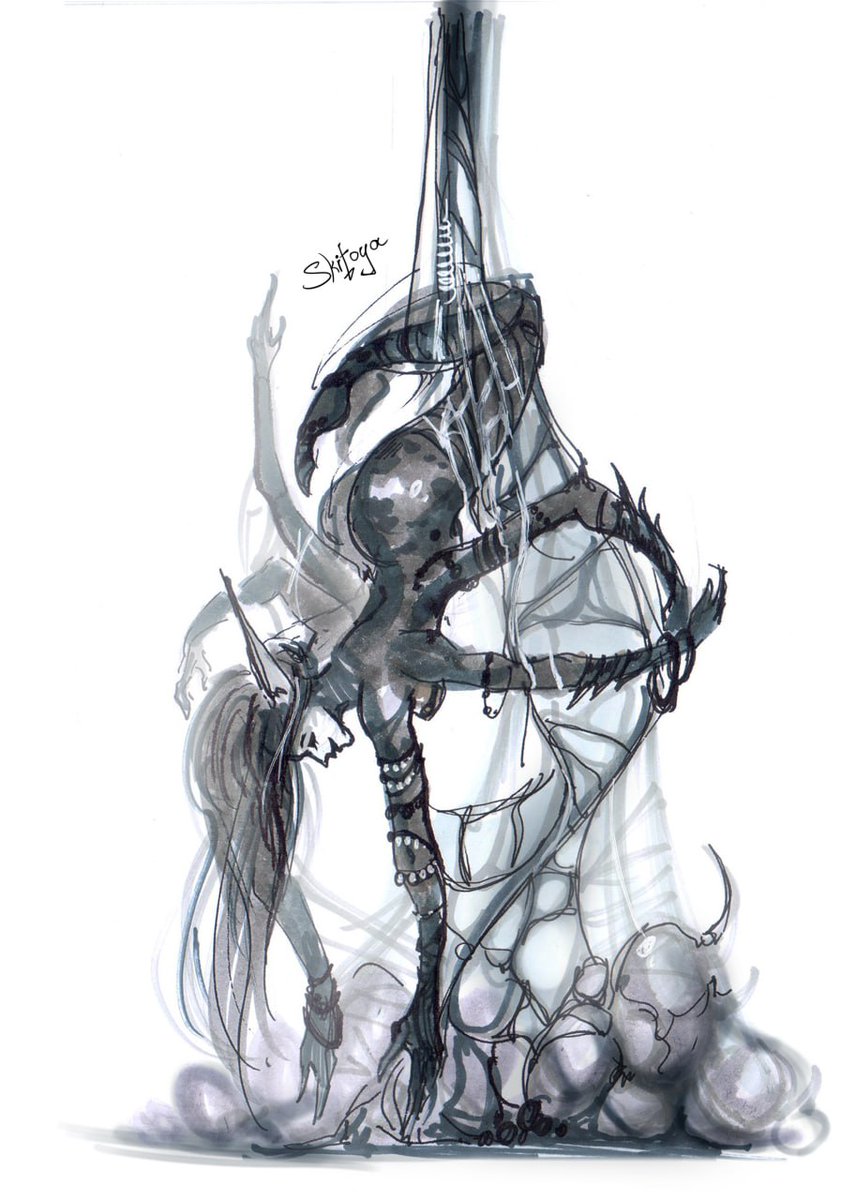 skitoya's tweet image. 🕸️ Inktober Day 2: WEAVE  
She hangs upside down, tangled in threads not of silk — but of fate.  
A witch-spider hybrid, weaving nightmares into the dark.  

#inktober2025 #weave #darkart #witchcore #spiderqueen #inktober