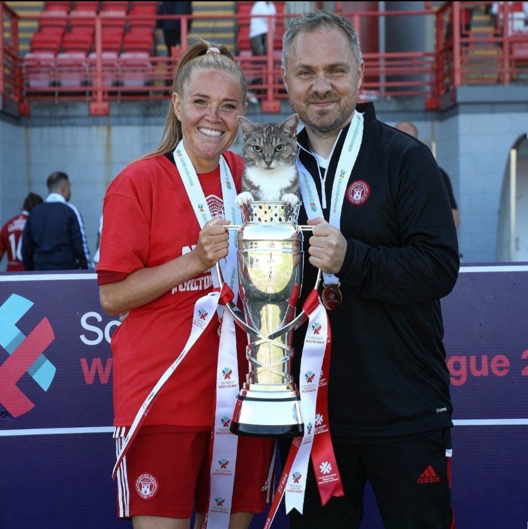 Flashback to when my cat Peri joined in the SWPL2 trophy trophy celebrations. Here she is with <a href="/accieswfc/">Hamilton Academical Womens Football Club</a> captain <a href="/megannnquinn/">Megan Quinn</a> and manager <a href="/rwatsoncoach/">Robert Watson</a> 

See her new Instagram account...
A_Cat_Called_Peri